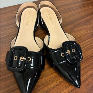 Versona Black Patent Pointed Buckle Slingback Flats